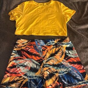 Yellow Top and Colorful Feather Print Shorts